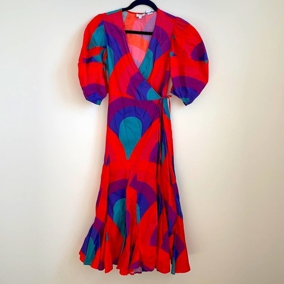 Rhode Resort Red Fiona Rainbow print cotton wrap dress XS - Picture 5 of 12